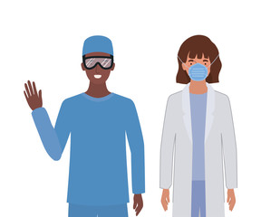 Man and woman doctor with uniforms mask and glasses vector design