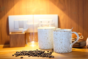 Coffee cup on wooden background and space for text 