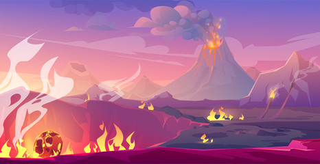 Jurassic period landscape with erupted volcano and fallen meteor. Vector cartoon illustration of prehistoric Earth surface with meteorite crater, fire, lava flows and smoke © klyaksun