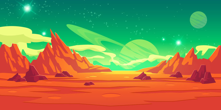 Mars landscape, alien planet background, red desert surface with mountains, craters, saturn and stars shine on green sky. Martian extraterrestrial computer game backdrop, cartoon vector illustration