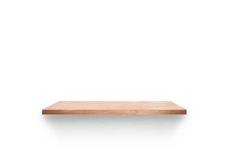 Empty wooden shelf isolated on white background for design with clipping path