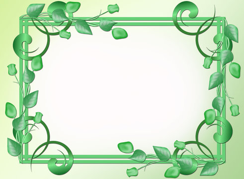 Creative composition in the form of a frame. For decoration used plants, patterned monograms, straight lines. The picture is made in green colors.