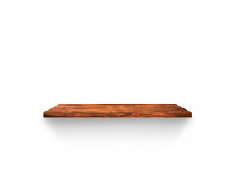 Empty wooden shelf isolated on white background for design with clipping path