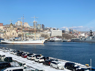 Vladivostok, Russia, March, 05,2020. Embankment at the Sea station in spring. Russia, Vladivostok