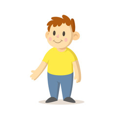Smiling boy reaching out his hand, cartoon character design. Colorful flat vector illustration, isolated on white background.