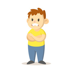 Angry boy standing with his arms crossed, cartoon character design. Colorful flat vector illustration, isolated on white background.