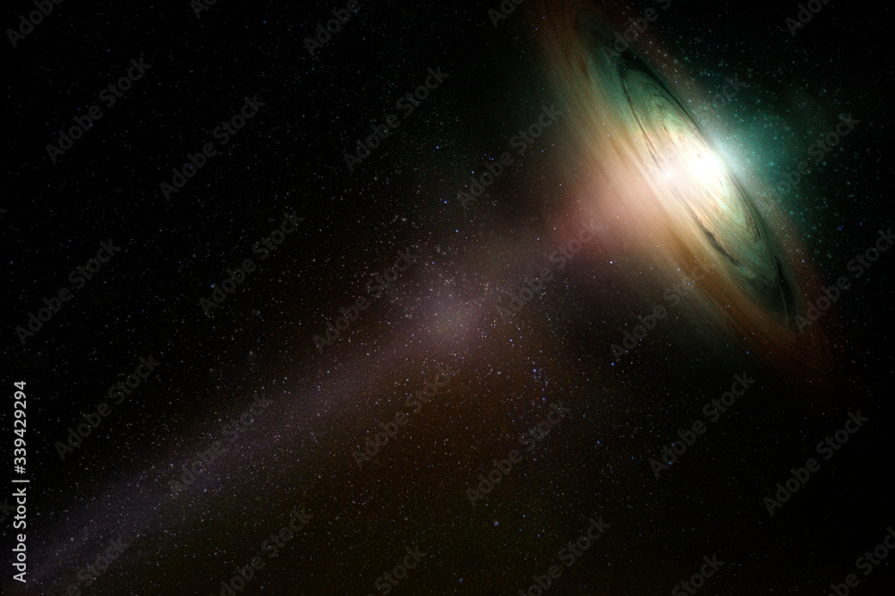 Poster abstract space wallpaper. black hole whirligig form with nebula over colorful stars and cloud fields
