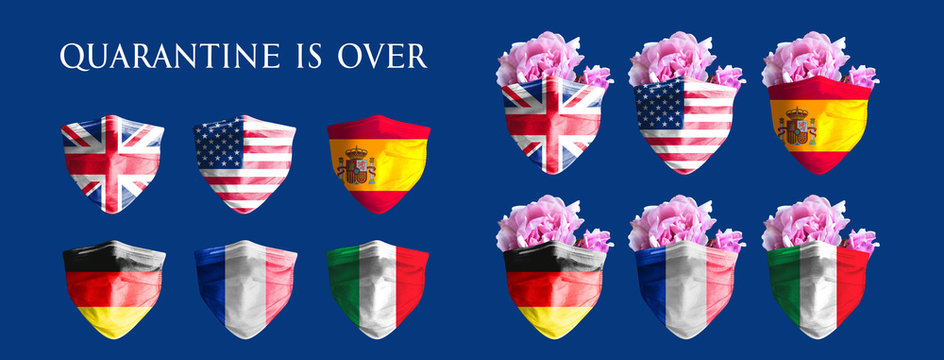 Coronavirus is over, quarantine is over, medical mask with country flag - global pandemic concept. Virus covid19 infection end.