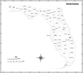 florida state outline administrative and political map in black and white