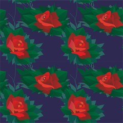 Seamless pattern with beautiful scarlet roses on a dark blue background. Red rose in evening light