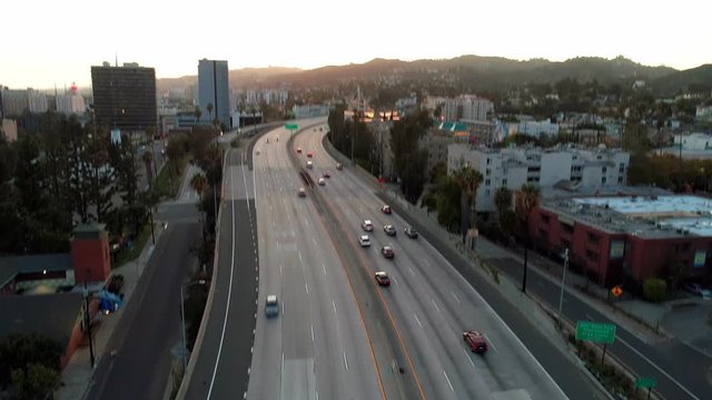 Aerial drone view of Los Angeles Freeway-101 with no traffic during Covid-19 Coronavirus in California, USA.