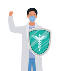 man doctor hero with shield against 2019 ncov virus vector design