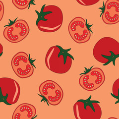 red tomato seamless pattern on red background. slice halves, and cherry tomatoes