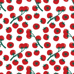 red hand drawn cherry tomato seamless pattern on white background.