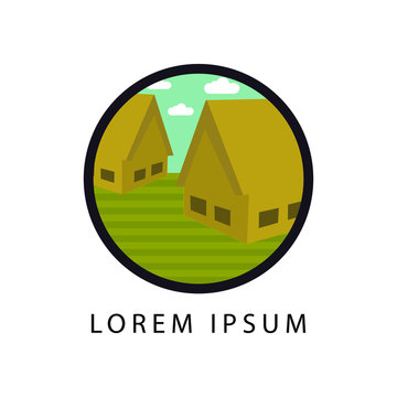 Rice granary , Barn Logo , Farm, rural landscape logo or label. Agriculture,  mill icon. Vintage vector illustration