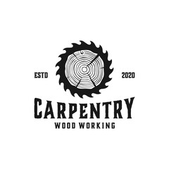 Woodwork logos. Vector badges for carpentry, sawmill, lumberjack service or woodwork shop