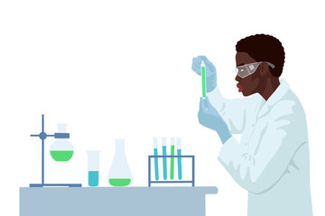 African woman scientist analyzes results in the chemistry laboratory. Process of vaccine research. Flat hand drawn illustration on white background.