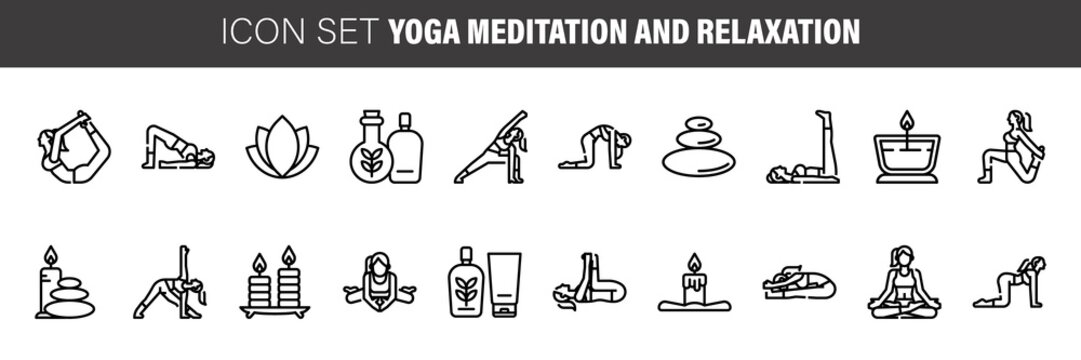 Meditation Practice Collection Icons Set Vector. Meditation Yoga Relaxation Aromatic Therapy, Human Concentration. Monochrome Illustrations