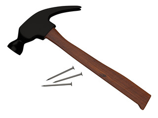 Hammer and nails on white surface. 3D rendering