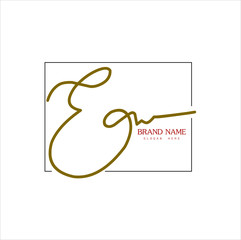 Signature logo,  initial "E" signature with frame, brand and white background