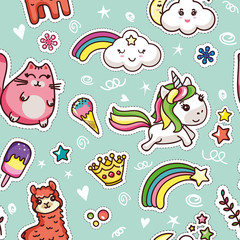 Cute Kawai Seamless Pattern on Blue Background. Sweet Colorful Cat, Alpaca, Unicorn, Ice cream, Crown, Star, Cloud and Rainbow. Modern Comic Design Wallpaper. Flat Cartoon Vector Illustration © TeraVector