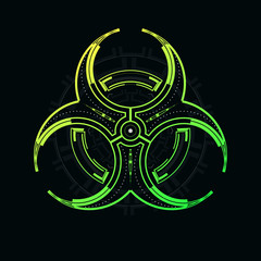 Futuristic biohazard sign on a dark background.