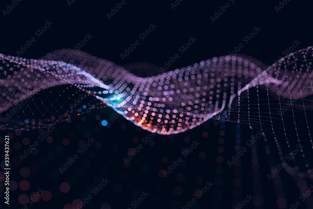 Poster Moving neon blue and orange wireframe pattern forming a digital network connection on dark background