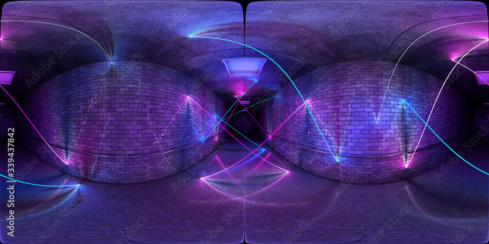 Poster futuristic hdri underground interior with glowing blue and pink neon light tubes reflecting on walls