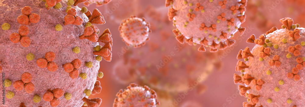 Poster microscopic close-up of the covid-19 disease. coronavirus illness spreading in body cell. 2019-ncov 