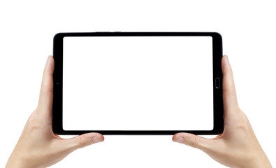 Tablet computer with blank screen in hands, isolated on white background