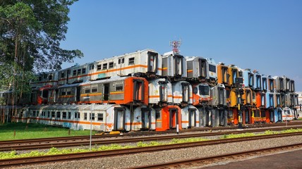 A stack of unused train cars at Purwakarta Station, West Java, Indonesia