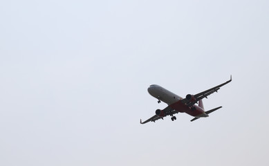 Closeup of an airplane landing to the destination airport. 