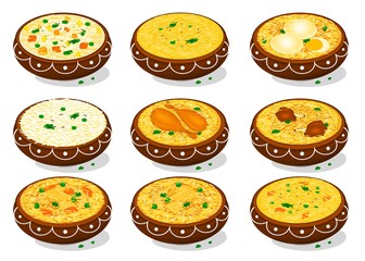 Fototapeta premium All Rice Dish Like Chicken,egg,Mutton Biryani,Khichdi,Pulao,Fried rice,Veg Biryani Food Vector
