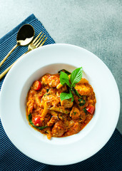 Stir fried macaroni prawn with tomato sauce and cheese, Garlic Tomato Shrimp Pasta