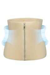 Subject shot of a beige corset with a zipper fastener. The schematic drawings of air flow on each...