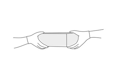 Concept of safe package delivery against. Coronavirus 2019-nCov. Mail courier in medical gloves. Hand drawn vector illustration.