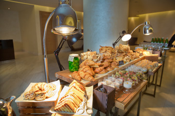 Fresh pastry, crispy morning croissants, breakfast in hotel . Breakfast buffet.