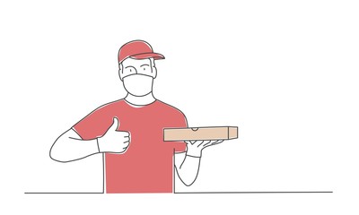 Pizza delivery. Man with face mask and medical gloves showing ok gesture. Hand drawn vector illustration.