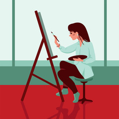 Woman artist sits on a chair and draw a picture. Girl with easel paints and brush. Vector illustration, cartoon character.