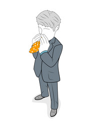 businessman sneezes into a scarf. protection against coronovirus. vector illustration.