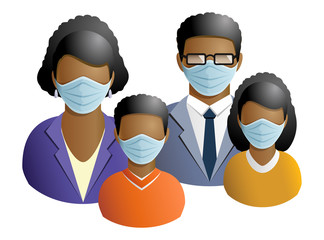 African American Family people avatars medical masked icon isolated on white background.  Parents and son with daughter.