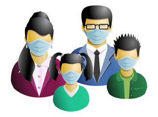 Medical masked Asian Family people avatars icon isolated on white background.  Parents and son with daughter.