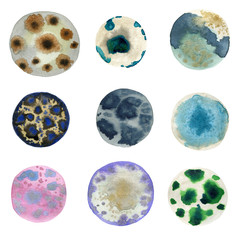 set of watercolor circles with mold, petri dish