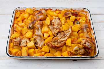 Baked potato with chicken cooked in an electric oven. Background for cooking.