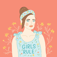 A beautiful girl in a blouse with the inscription girls rule. A feminist concept. Summer and wildflowers. Flat vector illustration.