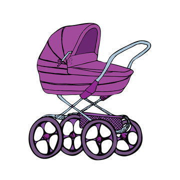 recommend clip art: Purple baby carriage, hand drawn doodle sketch, outline vector illustration