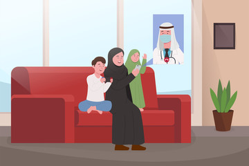 Arabian Family in Quarantine Video Calling With Father During Work As Doctor, Stay At Home Illustration