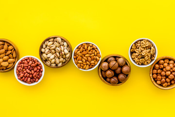 Set of macadamia, hazelnut, walnut, almond, pistachio, pecans nuts on yellow background top-down...