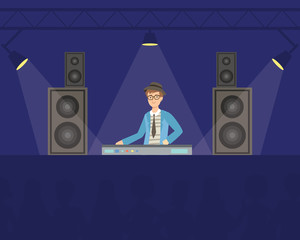 DJ in Headphones Mixing Music Playing Music on Mixer Console Deck, Creative People Profession or Hobby Vector Illustration