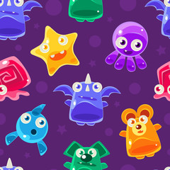 Cute Funny Jelly Monsters Cartoon Characters Seamless Pattern, Design Element Can Be Used for Website, Wallpaper, Background Vector illustration